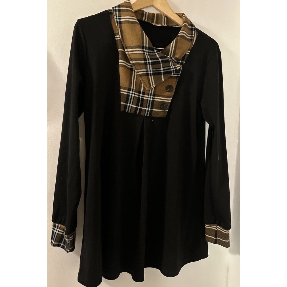 Unixseque Womens long sleeve Jacket lapel pullover tunic Sweater L Plaid button